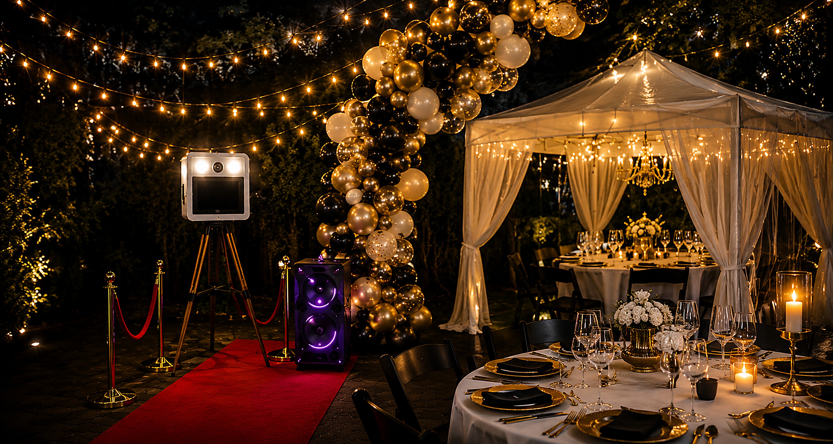 Sfeervol aangekleed avondfeest met balloondecoratie, photobooth en gedekte tafel
